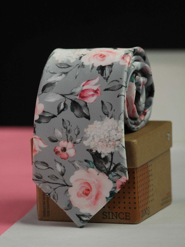 Grey Floral Printed Necktie - TOSSIDO