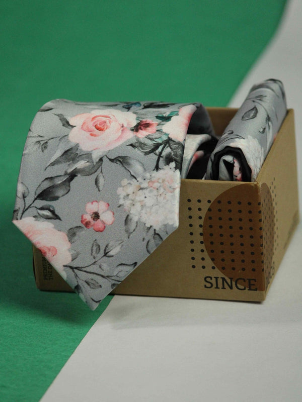 Grey Floral Printed Necktie and Pocket Square Set - TOSSIDO