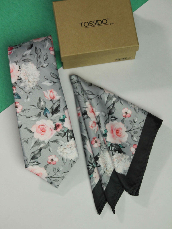 Grey Floral Printed Necktie and Pocket Square Set - TOSSIDO