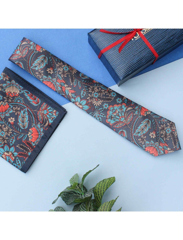 Grey Floral Printed Necktie & Pocket Square Giftset - TOSSIDO