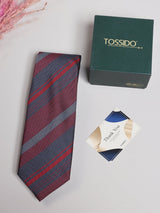 Grey & Maroon Stripe Necktie - TOSSIDO
