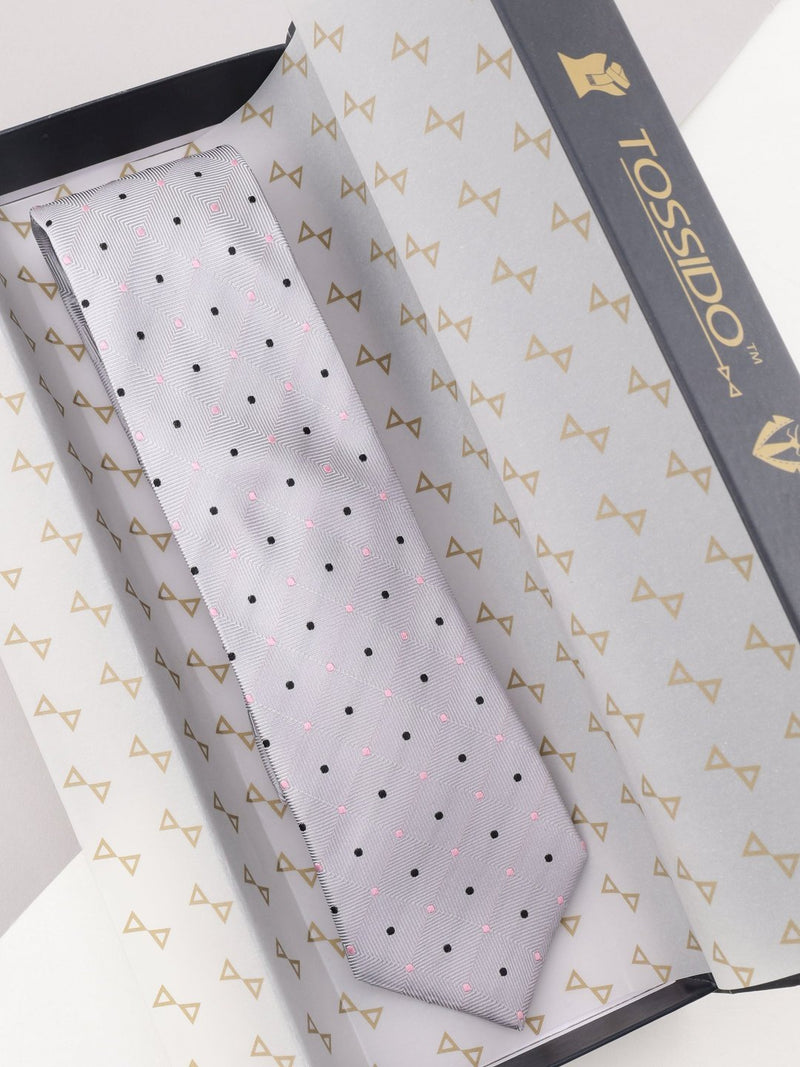 Grey Polka Woven Silk Necktie - TOSSIDO