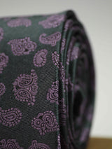 Grey & Purple paisley necktie in woven microfiber, tied view