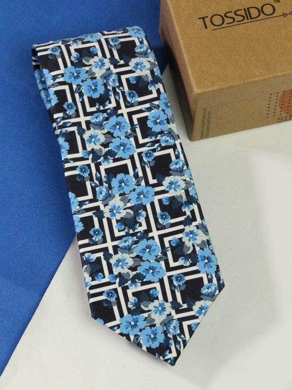 Indigo Floral Printed Necktie - TOSSIDO
