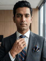 JGU Crimson Crest Stripe Necktie & Pocket Square Set