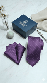 JGU Diagonal Logo Purple Microfiber Necktie & Pocket Square Set - TOSSIDO