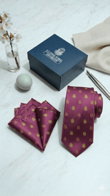 JGU Maroon Crest Ensemble Necktie & Pocket Square Set - TOSSIDO