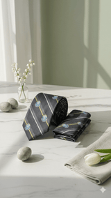 JGU Silver Crest Stripe Necktie & Pocket Square Set - TOSSIDO