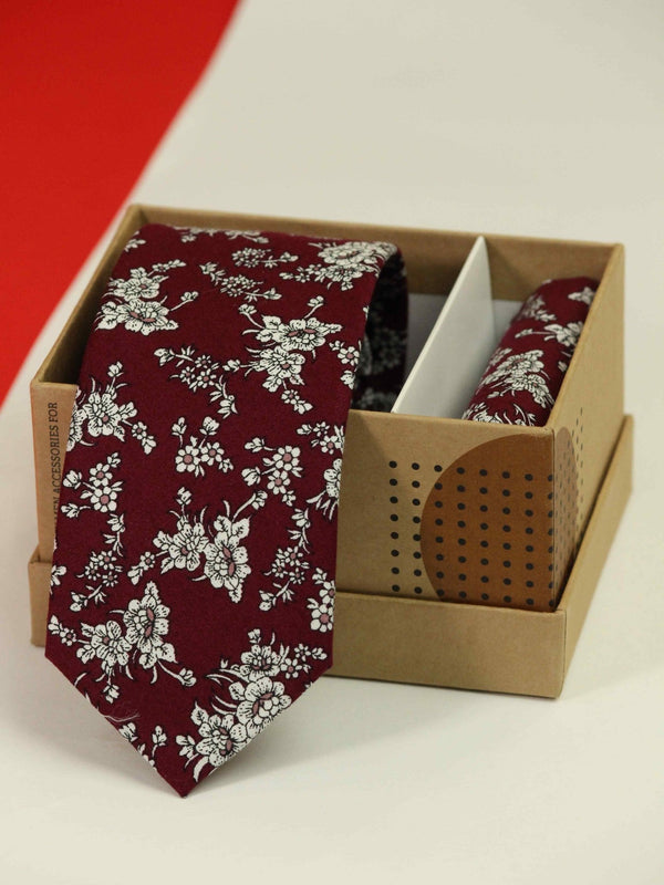 Maroon Floral Necktie & Pocket Square Giftset - TOSSIDO