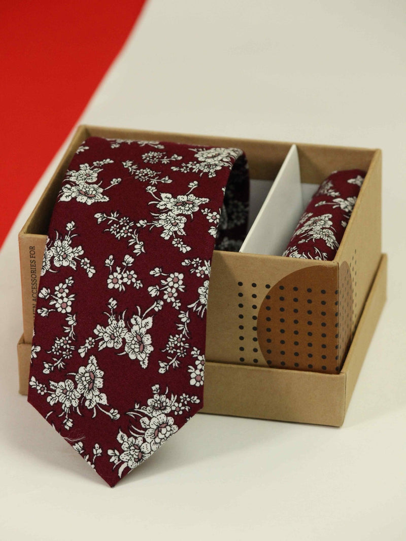 Maroon Floral Necktie & Pocket Square Giftset - TOSSIDO