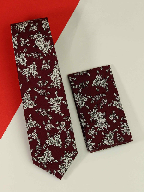 Maroon Floral Necktie & Pocket Square Giftset - TOSSIDO