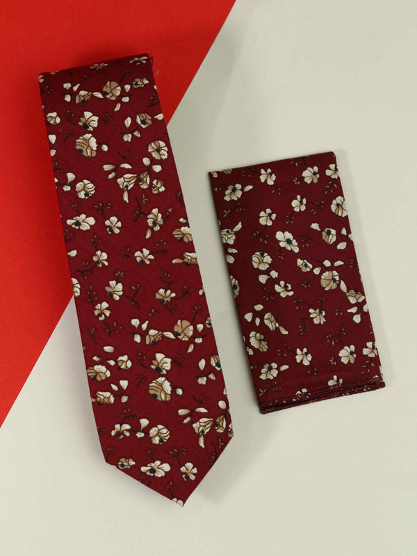 Maroon Floral Necktie & Pocket Square Giftset - TOSSIDO