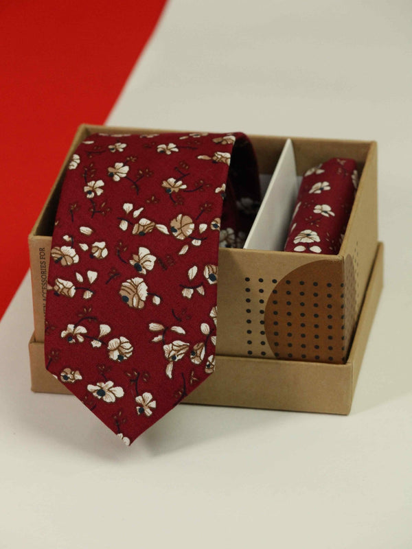 Maroon Floral Necktie & Pocket Square Giftset - TOSSIDO