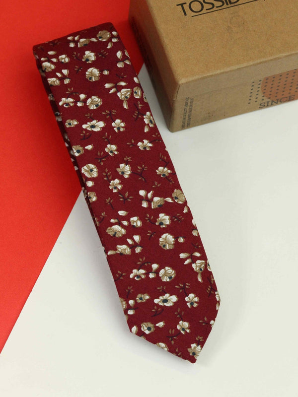 Maroon Floral Skinny Necktie - TOSSIDO