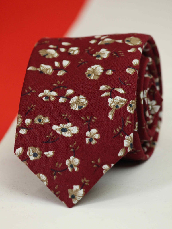 Maroon Floral Skinny Necktie - TOSSIDO