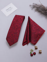 Maroon Paisley Necktie Pocket Square Brooch & Cufflinks Giftset - TOSSIDO