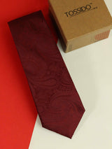 Maroon paisley necktie in woven microfiber, flat lay
