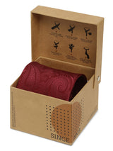 Maroon paisley necktie in woven microfiber, styled with shirt