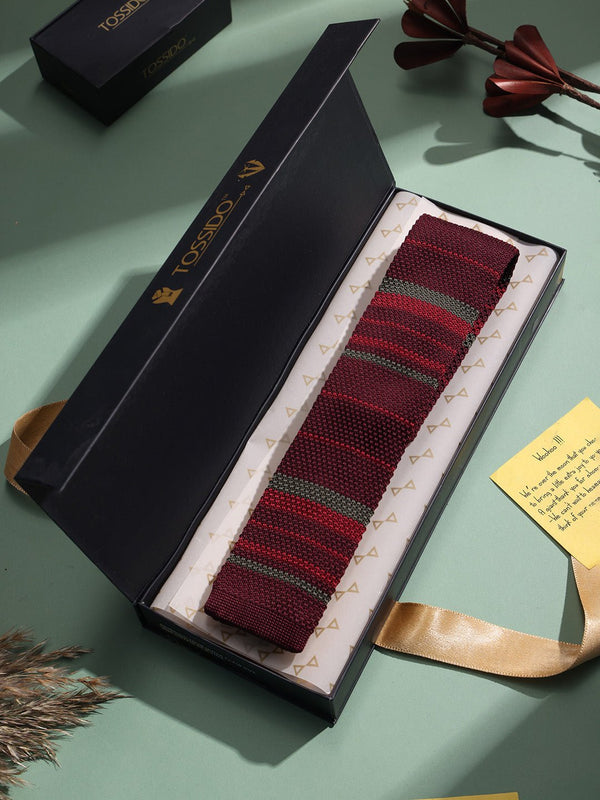Maroon Stripe Knitted Necktie - TOSSIDO