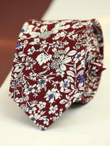Maroon & White Floral Skinny Necktie - TOSSIDO