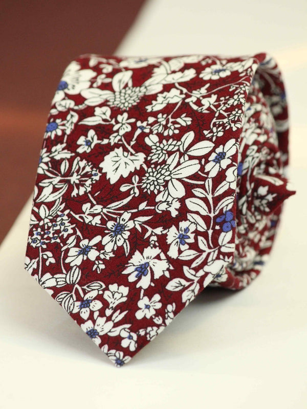 Maroon & White Floral Skinny Necktie - TOSSIDO