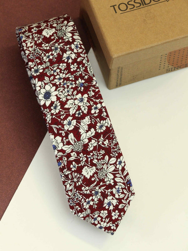 Maroon & White Floral Skinny Necktie - TOSSIDO