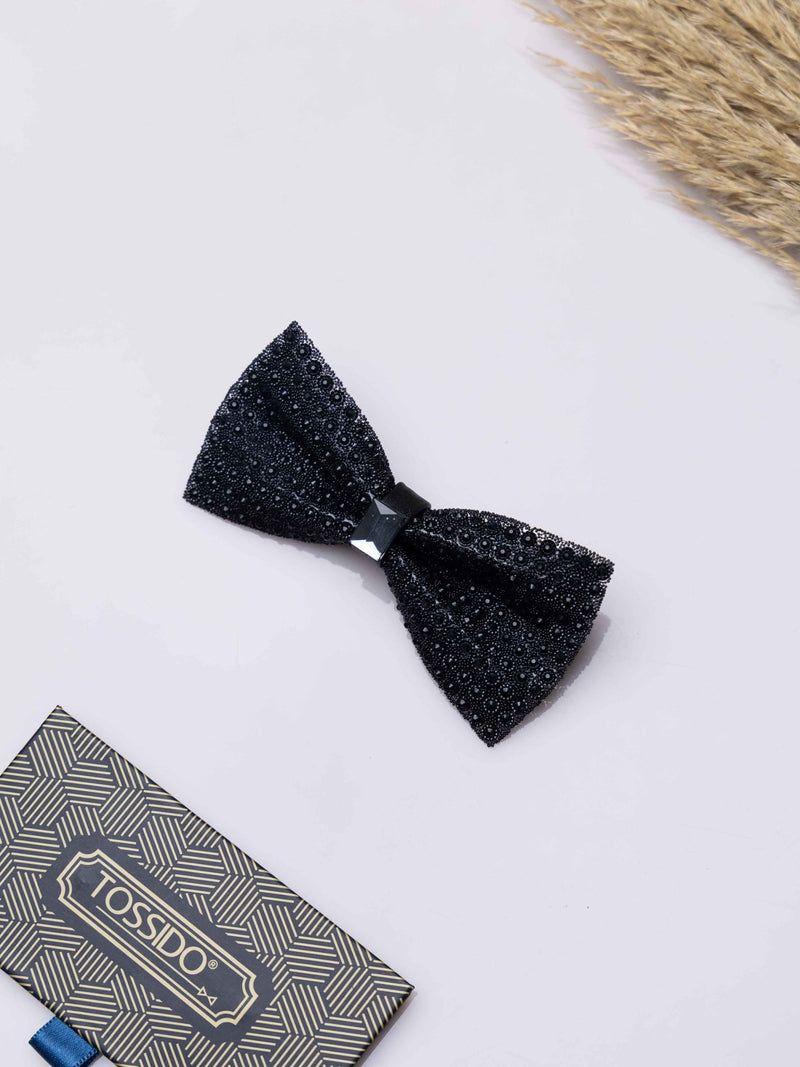Midnight Black Crystal Bowtie Brooch - TOSSIDO