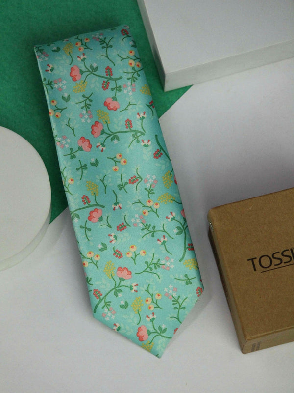 Mint Green Floral Printed Necktie - TOSSIDO