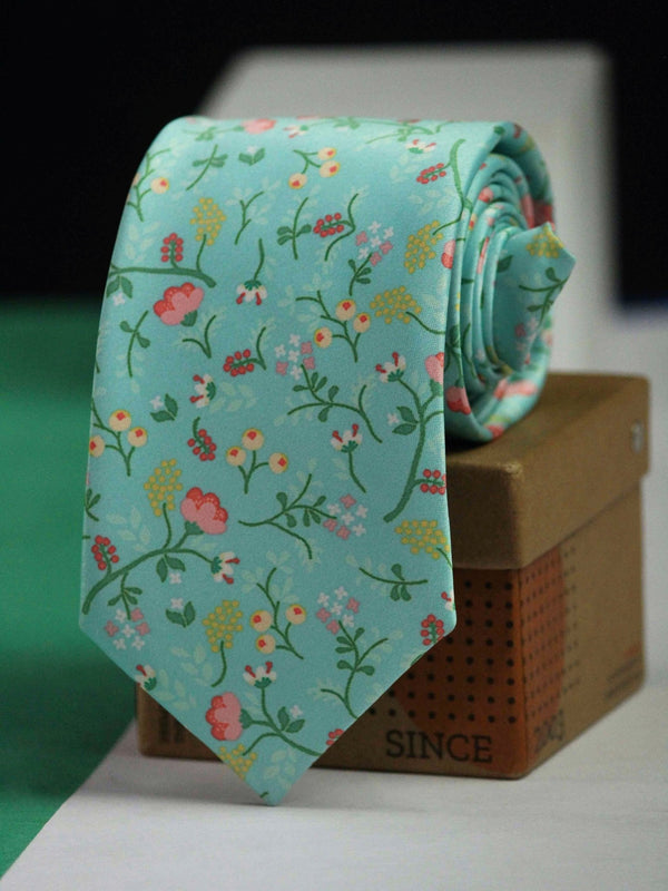Mint Green Floral Printed Necktie - TOSSIDO