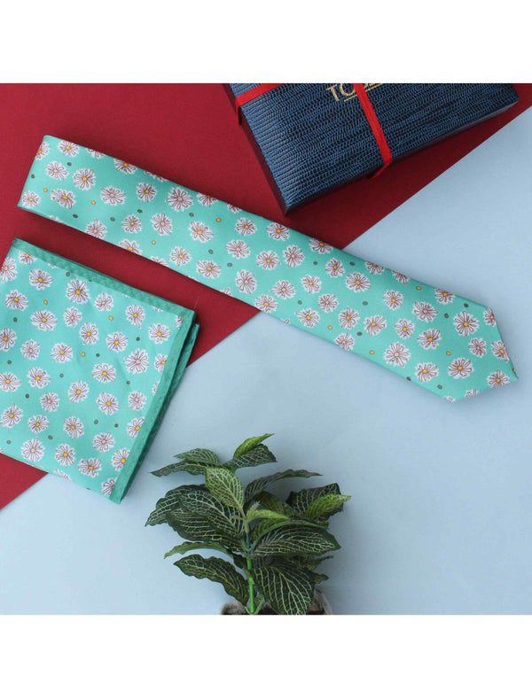 Mint Green Floral Printed Necktie & Pocket Square Giftset - TOSSIDO