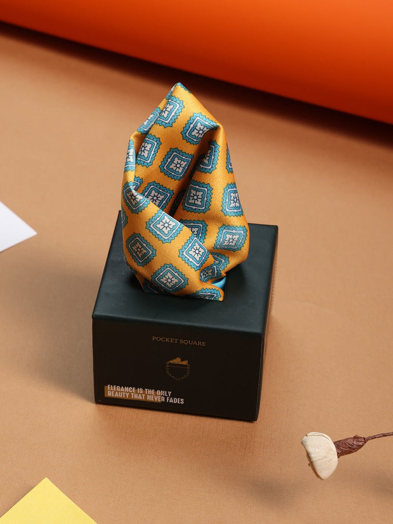Mustard & Blue Geometric Pocket Square - TOSSIDO