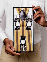 Mustard Stripe Elastic Suspender with Brown Leather Trims - TOSSIDO