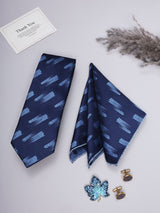 Navy Blue Abstract Necktie Pocket Square Brooch & Cufflinks Giftset - TOSSIDO