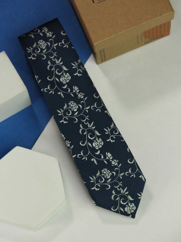 Navy Blue Floral Skinny Necktie - TOSSIDO