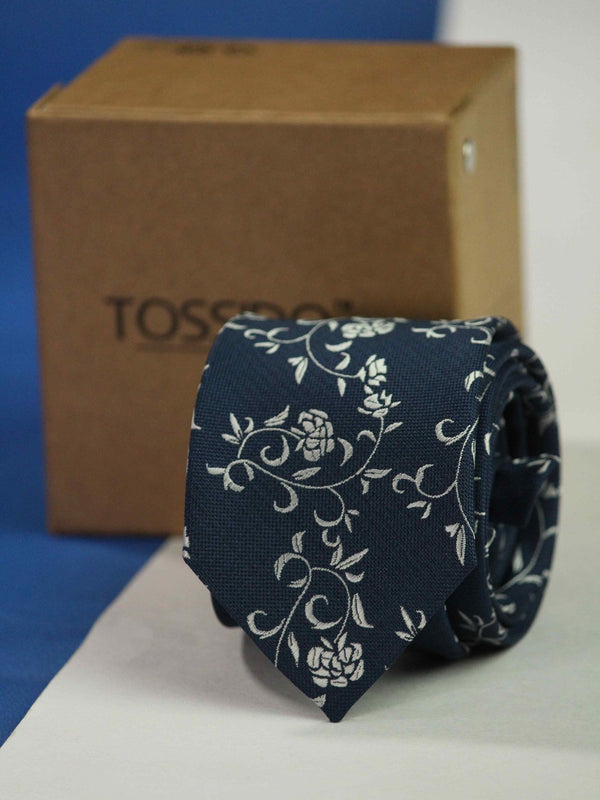 Navy Blue Floral Skinny Necktie - TOSSIDO