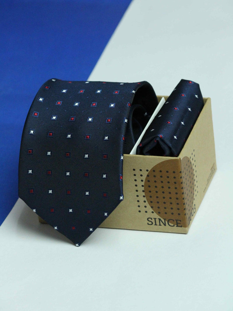 Navy Blue Geometric Necktie & Pocket Square Giftset - TOSSIDO