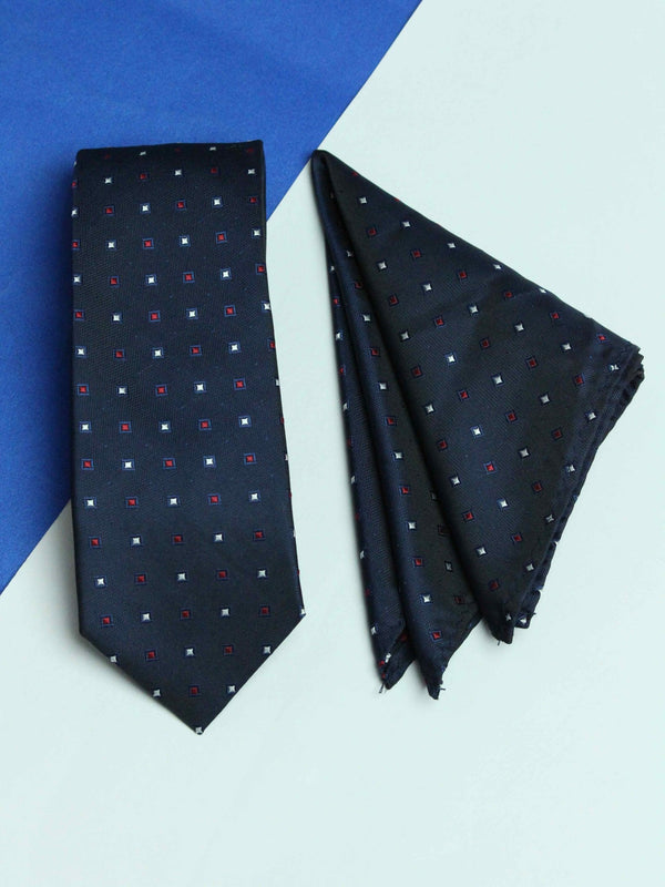 Navy Blue Geometric Necktie & Pocket Square Giftset - TOSSIDO