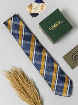 Navy Blue & Mustard Check Striped Necktie - TOSSIDO