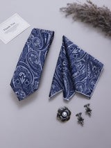 Navy Blue Paisley Necktie Pocket Square Brooch & Cufflinks Giftset