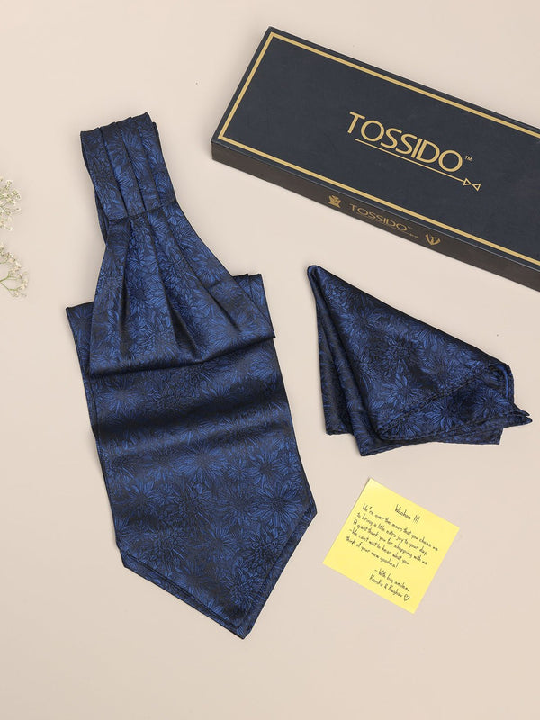 Navy Floral Woven Ascot & Pocket Square Set - TOSSIDO