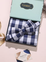 Navy & White Check Bow Tie & Pocket Square Set - TOSSIDO