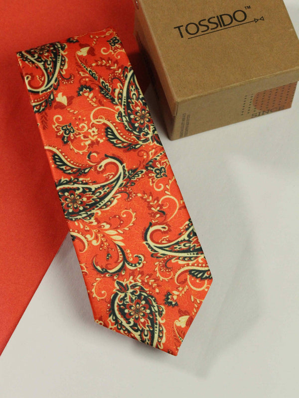 Orange Paisley Printed Necktie - TOSSIDO