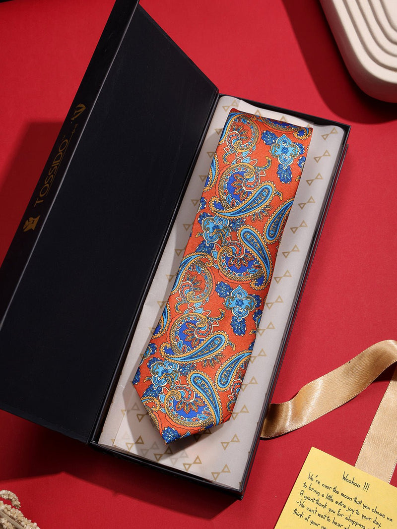 Orange Paisley Printed Necktie - TOSSIDO