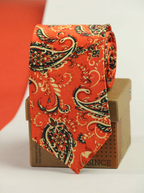 Orange Paisley Printed Necktie - TOSSIDO