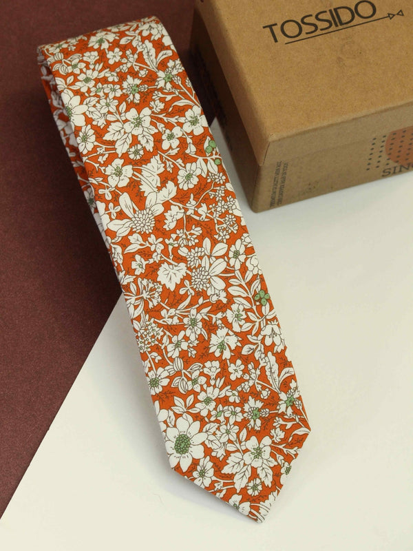Orange & White Floral Skinny Necktie - TOSSIDO