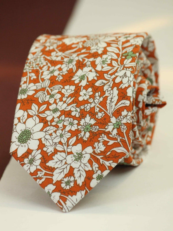 Orange & White Floral Skinny Necktie - TOSSIDO