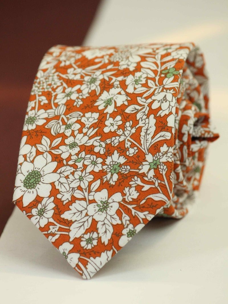 Orange & White Floral Skinny Necktie - TOSSIDO