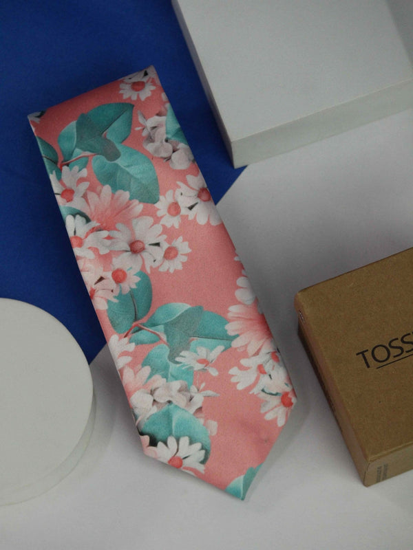 Peach Floral Printed Necktie - TOSSIDO