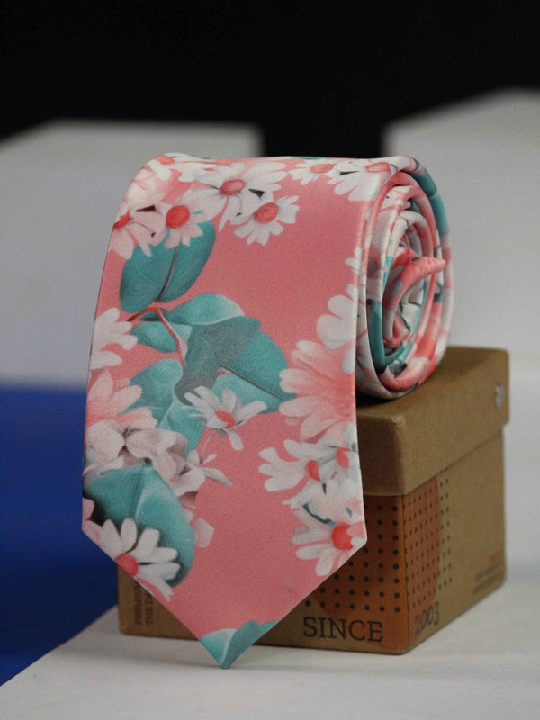 Peach Floral Printed Necktie - TOSSIDO