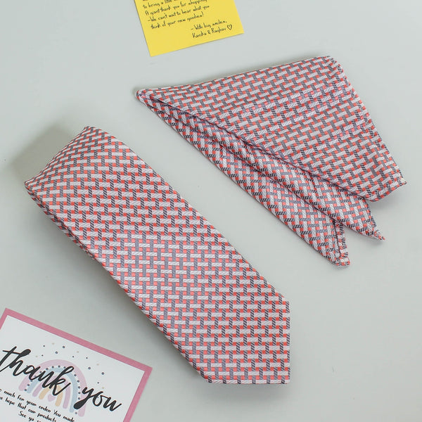 Peach Geometric Necktie & Pocket Square Giftset - TOSSIDO